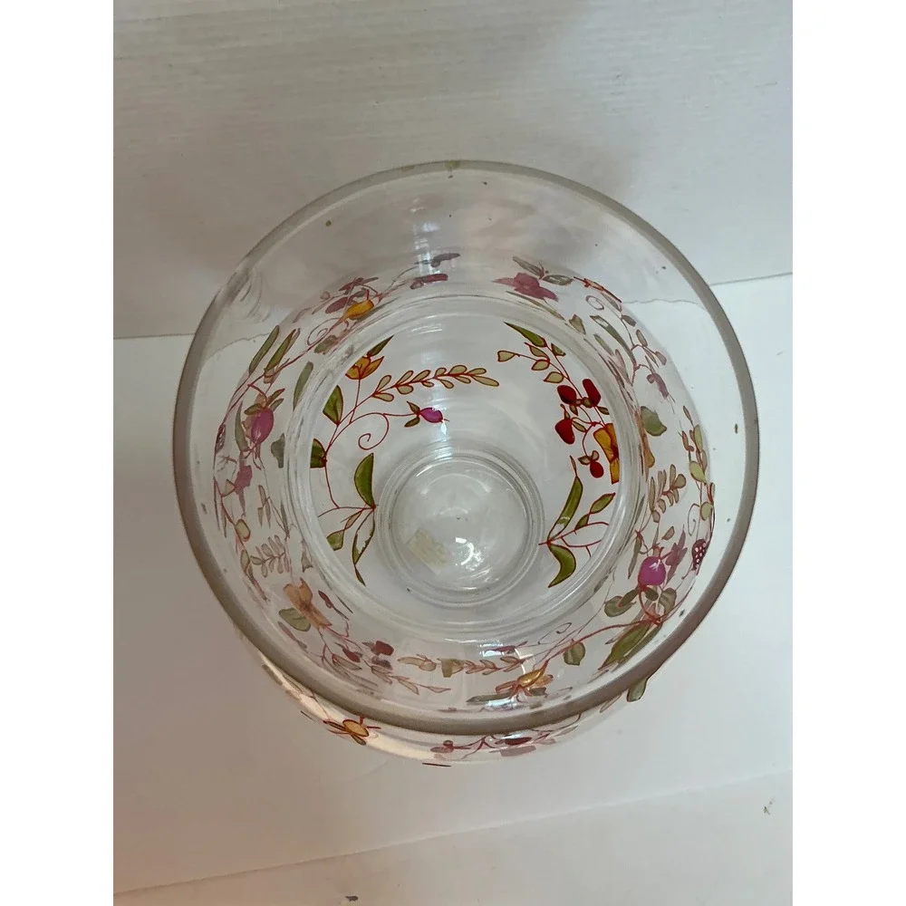 Hand Painted Glass Vase Floral Berry Vine Clear 9.5 Inch Cottagecore